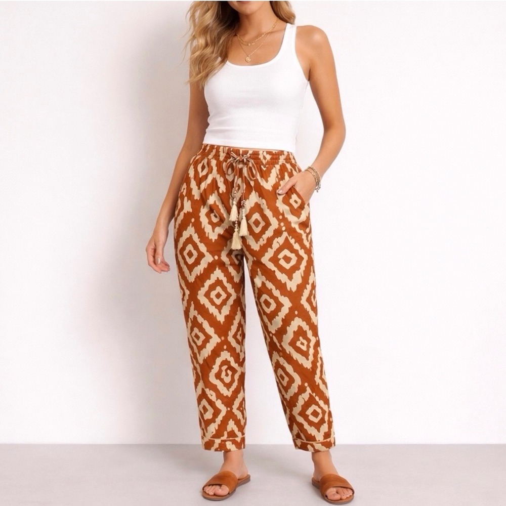 Haute Hippie Style Rust Orange Ikat Diamond Tassel Crop Pants Womens Medium